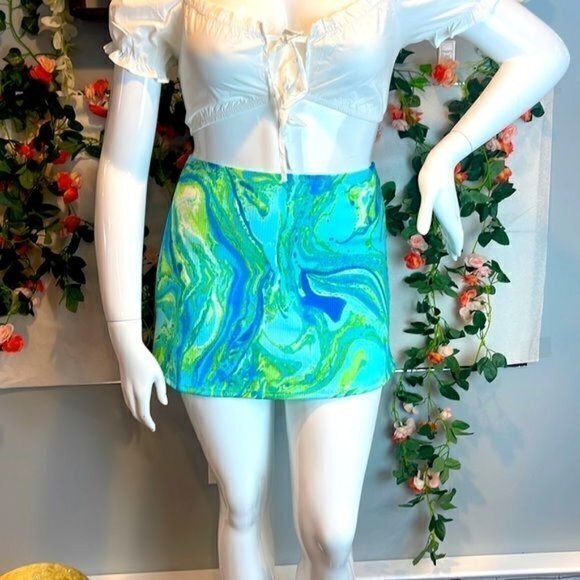Swirl Artsy Print Ribbed Mini Skirt Blue‎ and green  Size L RefFNB - Picture 1 of 13